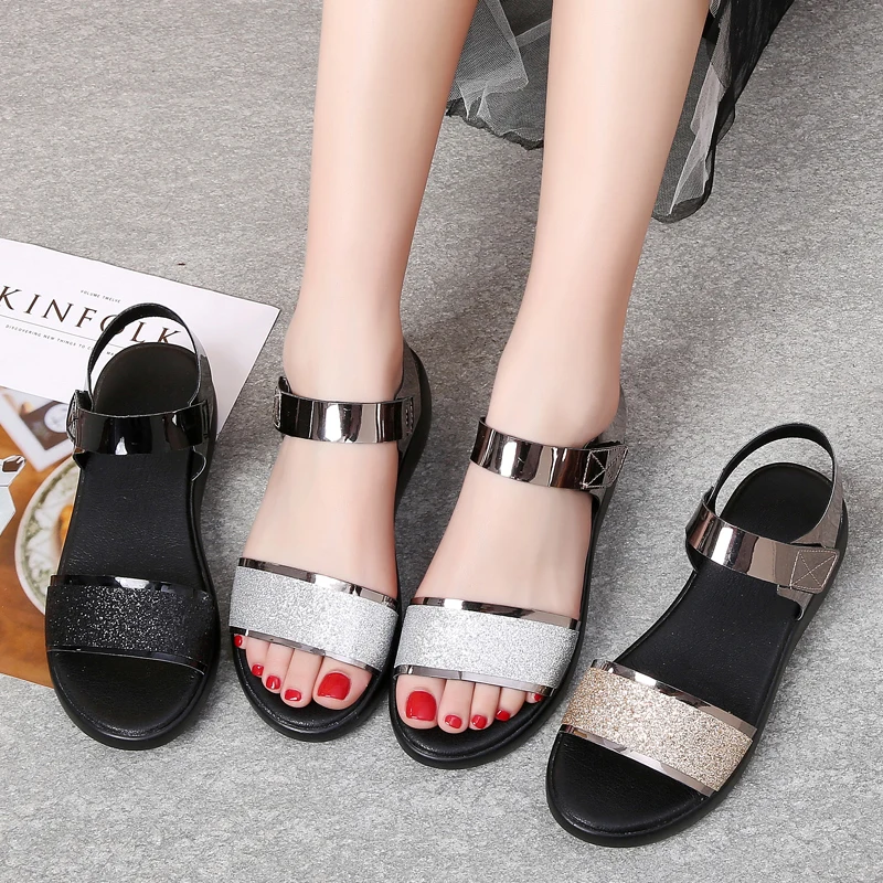 

Women's Sandals Light Wedge Heel PU Glitter Fashion Velcro Female Flats Comfort Antiskid Wear Resisting Trend Shoes Casual Grace