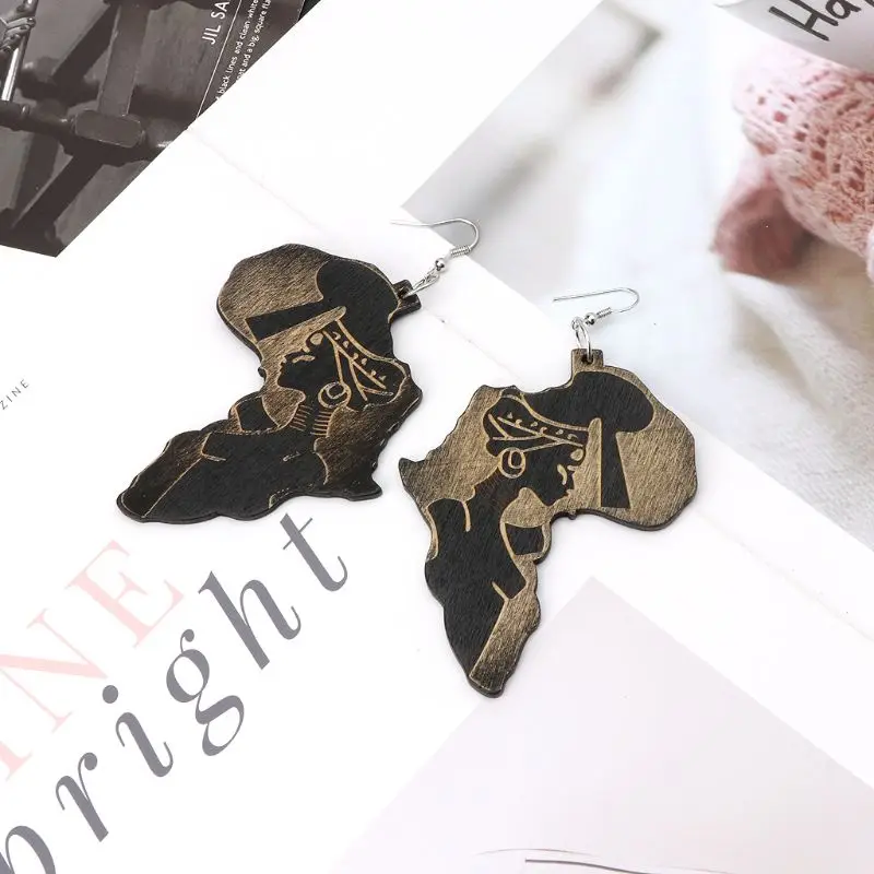 

D2TD Natural Wood Africa Map Reggae Earrings Women Exaggerated Pendants Bib Jewelry
