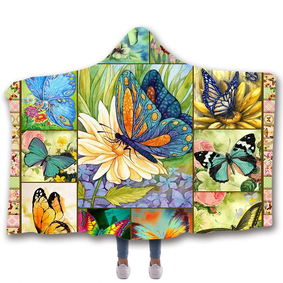 Одеяло с капюшоном и принтом насекомых-бабочек Флисовое одеяло s броски для
