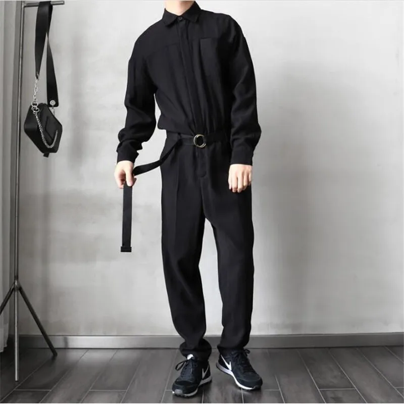 New Black Baby Jumpsuit Casual Loose Mens Rompers Long Sleeve Belt Bodysuits Quality Single Breasted Pants Men'S Trousers