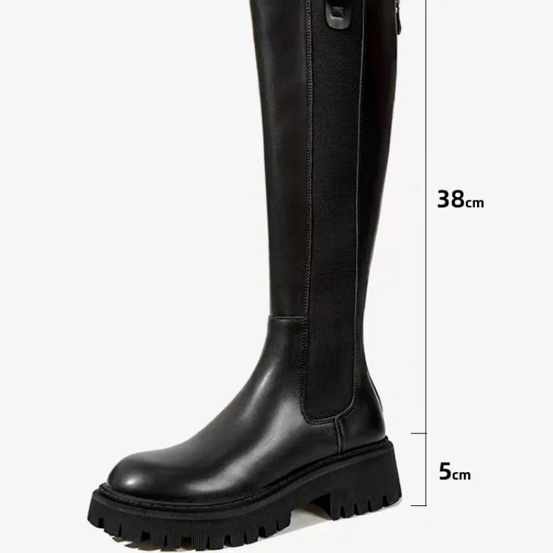 New Fashion Plus Size 34-43 Genuine Leather Knee High Boots Women Zip Square Heels Brand Winter Boots Female Chunky Ladies Botas