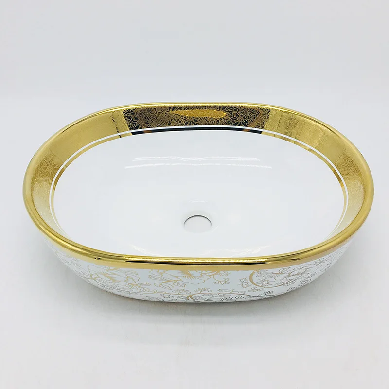 

bathroom accessori gold-plated above counter basin wash bathroom single hole basin oval gold pattern washbasin