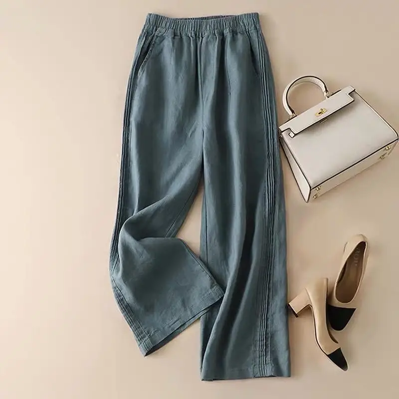 

9031 Wide Leg Pants Women High Waist Summer Casual Fashion New Arrive 2021 Loose Thin Cotton And Linen Folds Elastic Trousers
