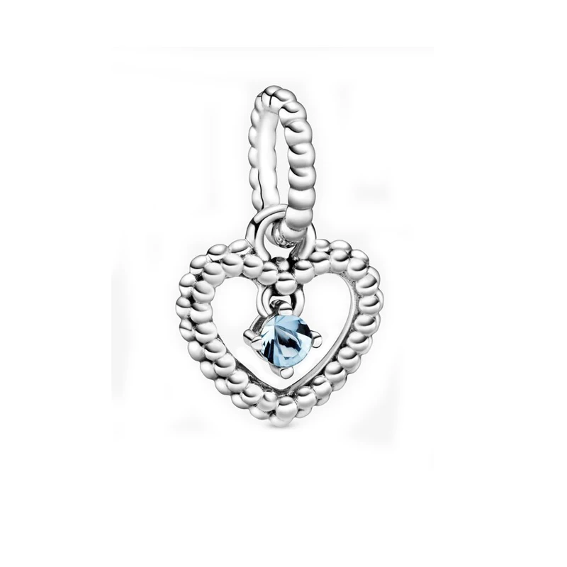 

Authentic 925 Sterling Silver Aqua Blue Beaded Heart Dangle pan Charm Fit Original Bracelet For Women DIY Jewelry Bead