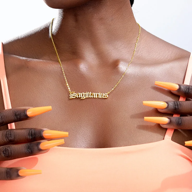 

Old English Zodiac Sign Necklaces For Women Men Gold Silver Color Stainless Steel Chain Constellations Pendant Necklace Jewelry