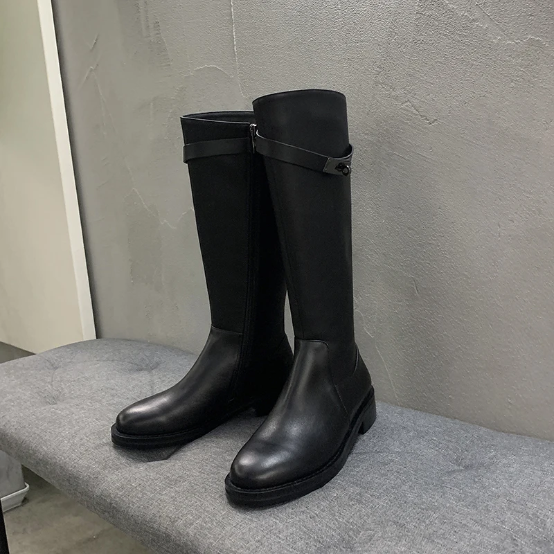 

Winter Boots for Women Knee High Boots New Fashion Genuine Leather Women Shoes Round Toe Med Heel Black Ladies