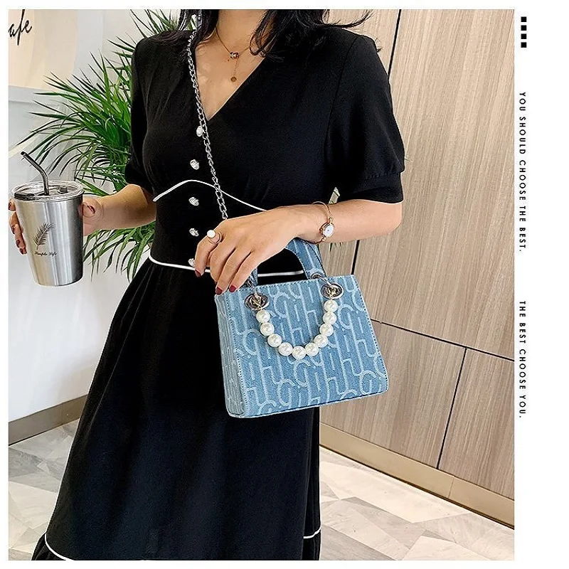 Новинка лета 2020 женская джинсовая сумка через плечо с жемчужной цепочкой для