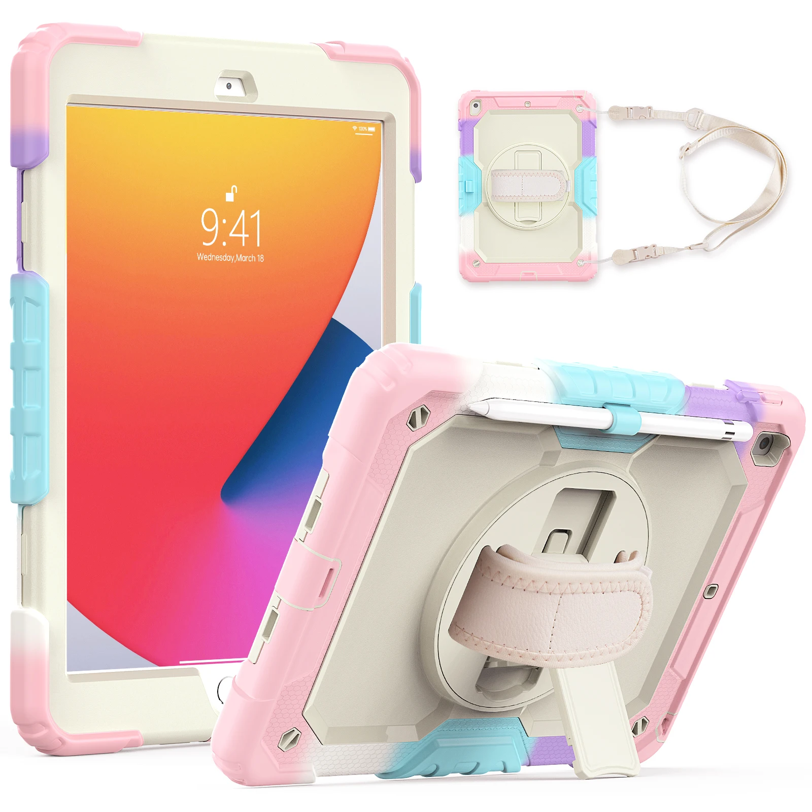 

For iPad 10.2 Case 2020/2019 (iPad 8th/ 7th Generation Case) Screen Protector Stand Hand Shoulder Strap Silicone Back Shell