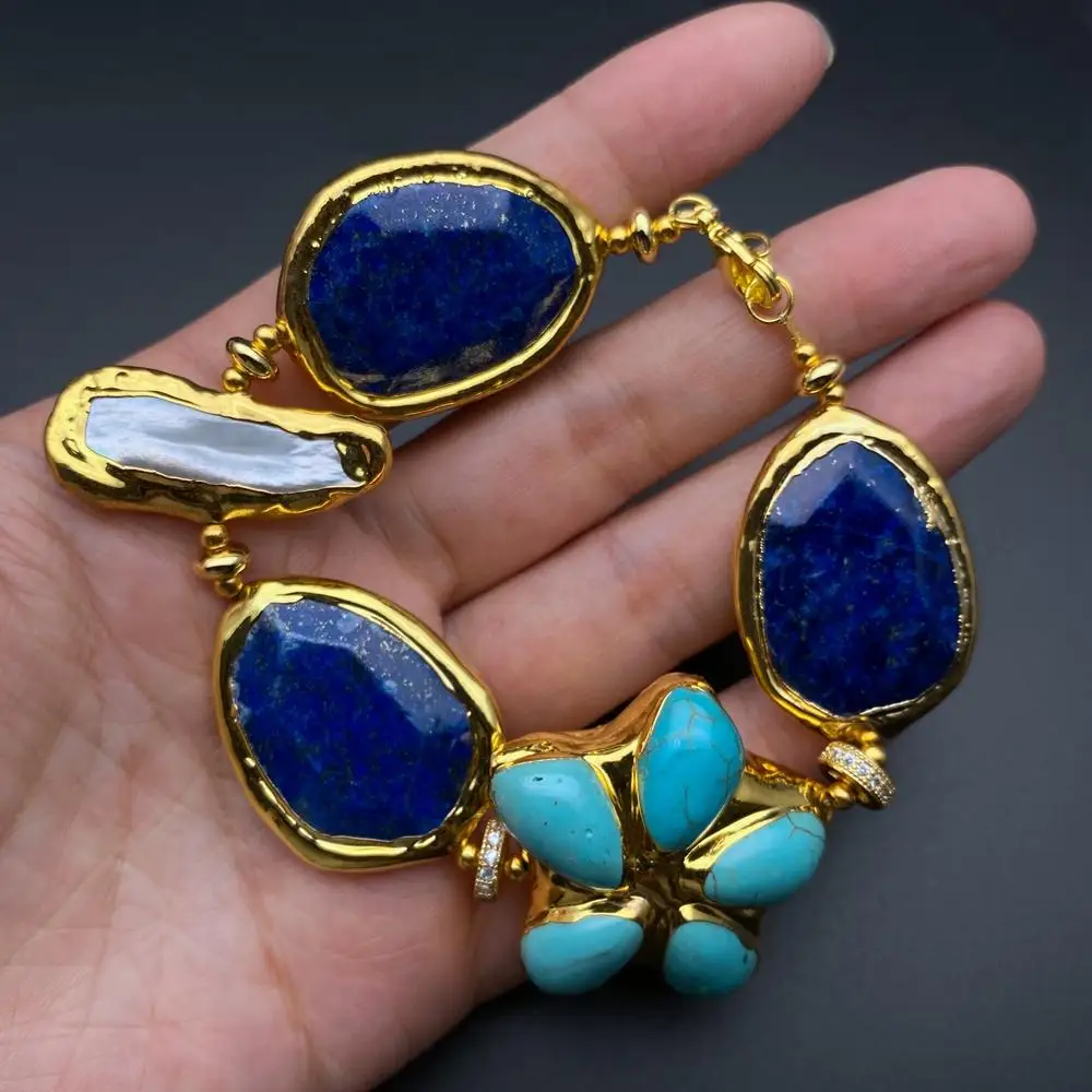 

YYING Blue Lapis Lazuli Turquoise Flower White Biwa Pearl With Electroplated Edge Bracelet