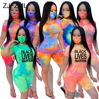 letter tie dye print two piece set with mask womens costumes o neck short sleeve t shirt and biker shorts lounge wear outfits
