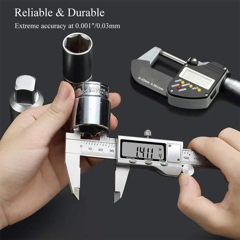 

Digital Caliper 6 Inch Measuring Tool Stainless Steel Inch Fractions Milimeter Conversion with Extra-Large LCD Screen