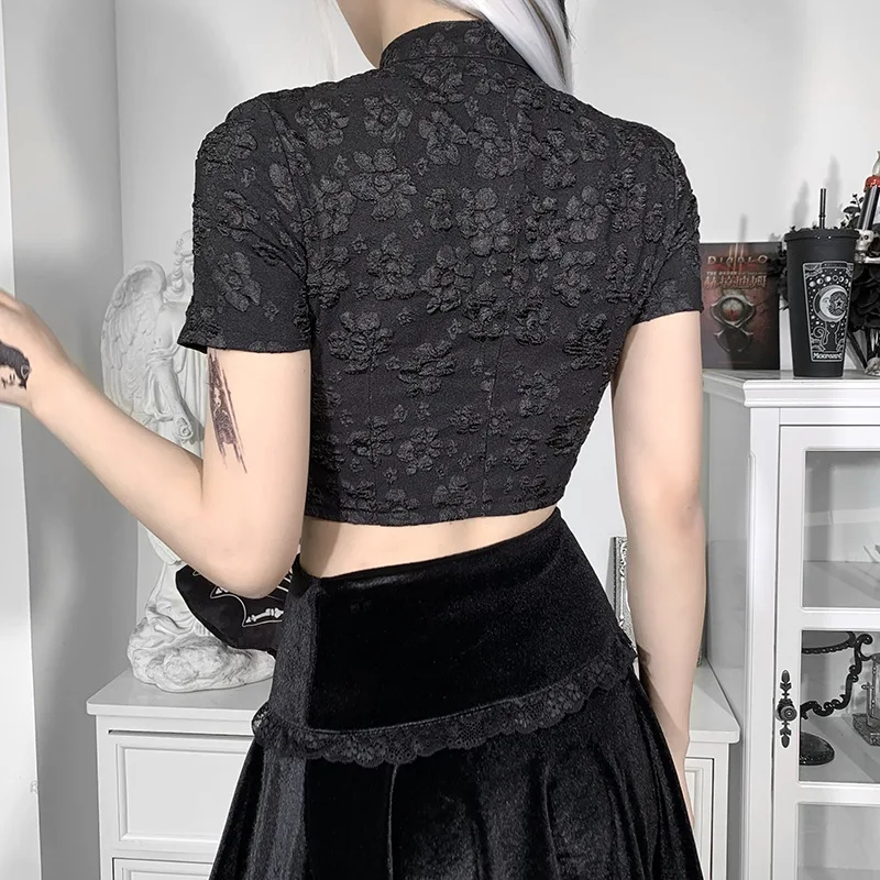 

Korean style fake two stand collar hollow jacquard black sexy slim top