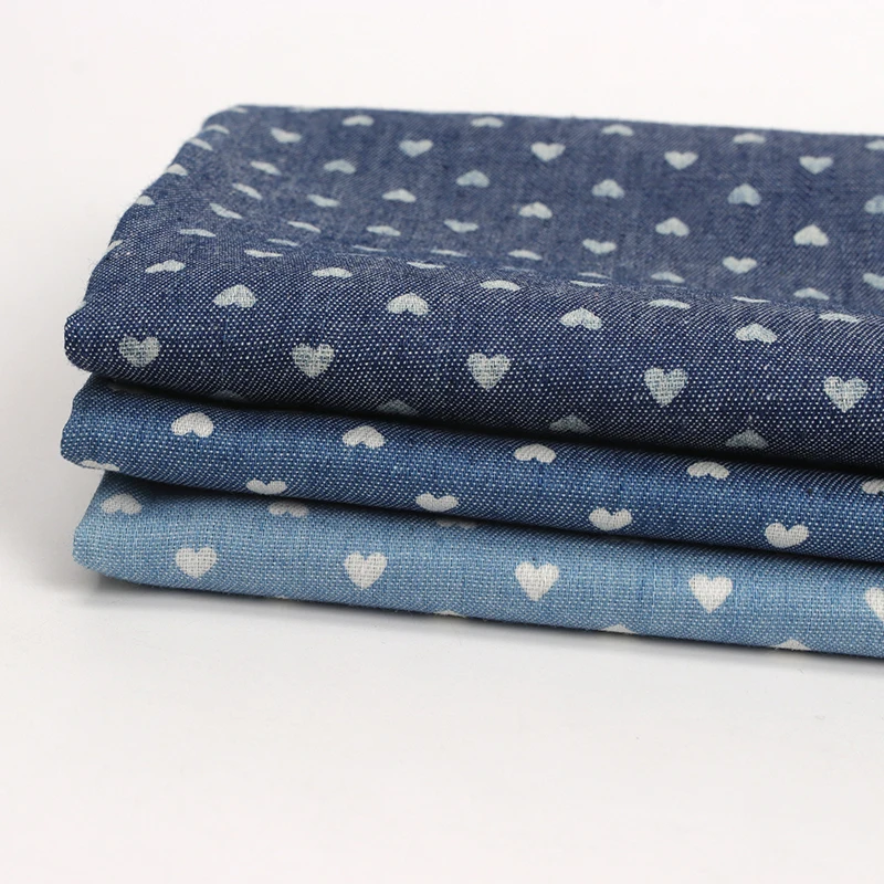 

Blue Denim Fabric Thin Cloth Floral Heart Printing Garment Fabric Diy Sewing Clothes Dress Soft Breathable