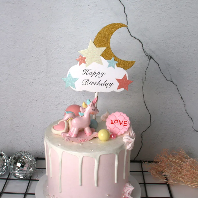 

Glitter Paper Charming Little Star Moon Happy Birthday Cake Topper Cake Decoration Party Supplies Kids Favors Cupcake Topper