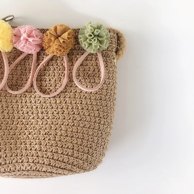 

Bobora Simple Cute Children Flower Zipper Cross-body Handbag Fashion Girls Kids Straw Shoulder Kids Messenger Bag