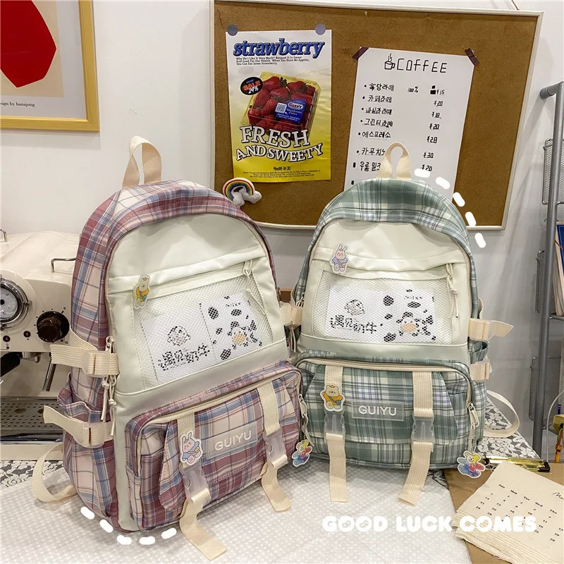 

Harajuku Style Fashion Backbags for Women Waterproof Check Stripe Trend School for Girls Canvas Large Capacity Travel Backpacks