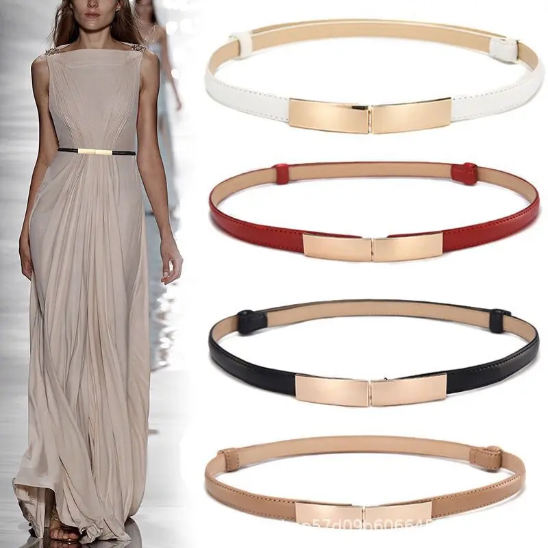 

Fashion Dress Simple Versatile Leather Women Belt Thin Skinny Metal Gold Elastic Buckle Waistband Belts Dress Accessories Strap