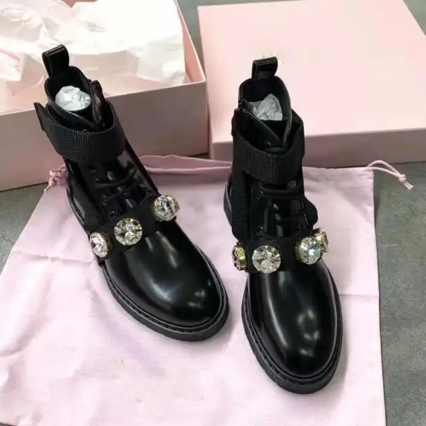 2020 Winter Women Thick Sole Lace-up Ankle Strappy Short Boot Women Flat Rhinestone Martin Black Genuine Leather Motorcycle Boot