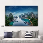 Холонг-Бэй, природа, красота, пейзаж, синяя река, морская вода, гора, гостиная, Декор, домашнее искусство, Декор, деревянная рамка, тканевый постер