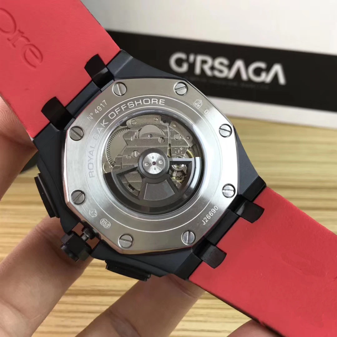 

Classic Men Automatic Mechanical Sapphire Oaks Full Black Bezel Navy Red Rubber Stainless Steel Watch Royal Glass Back AAA+