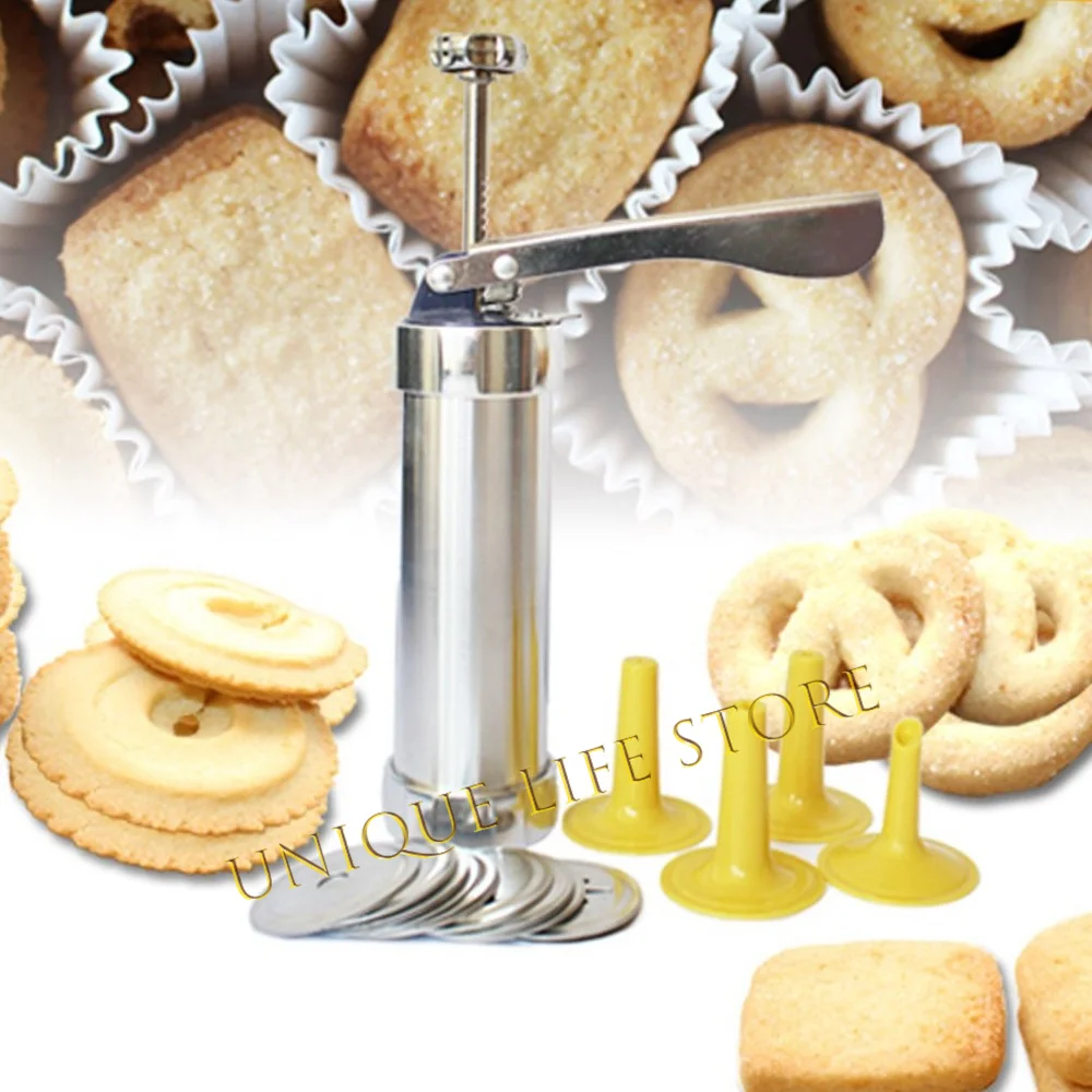 

Cookie Press Machine Sugar Craft Fondant Biscuit Maker Clay Extruder Gun Cake Decorating Tools With 20 Cookie Mold +4 Nozzle