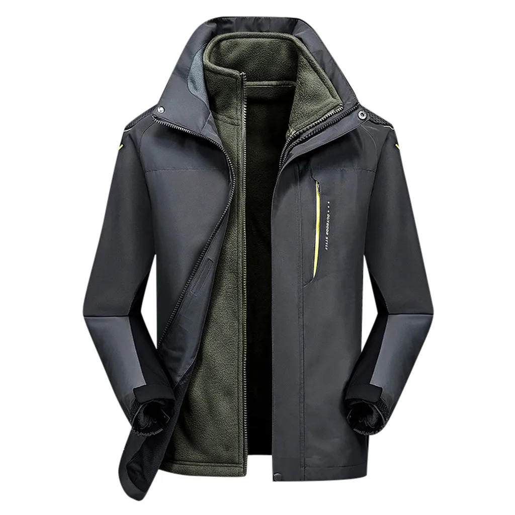 Серый Men Fashion Hoodie Hat Detachable Windbreaker Waterproof Jacket Breathable Sport Outdoor Coat Softshell Fleece Jacket Mujer - Цвет: Серый