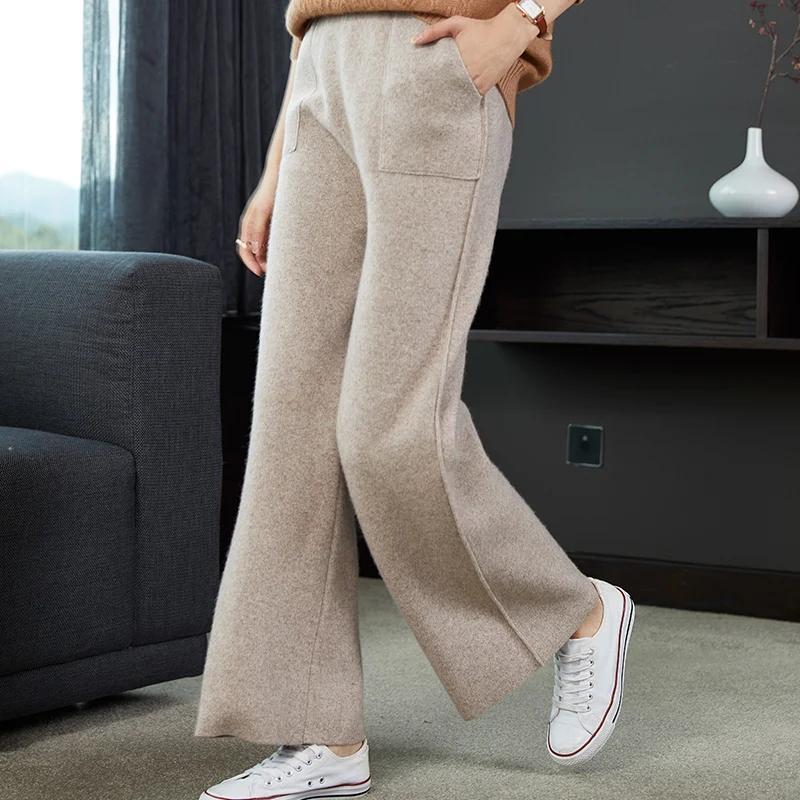 Women 100% Cashmere And Wool Pants 2020 New Autumn Winter Soft Waxy Comfortable High-Waist Knitted Female Thicken Wide Leg Pants