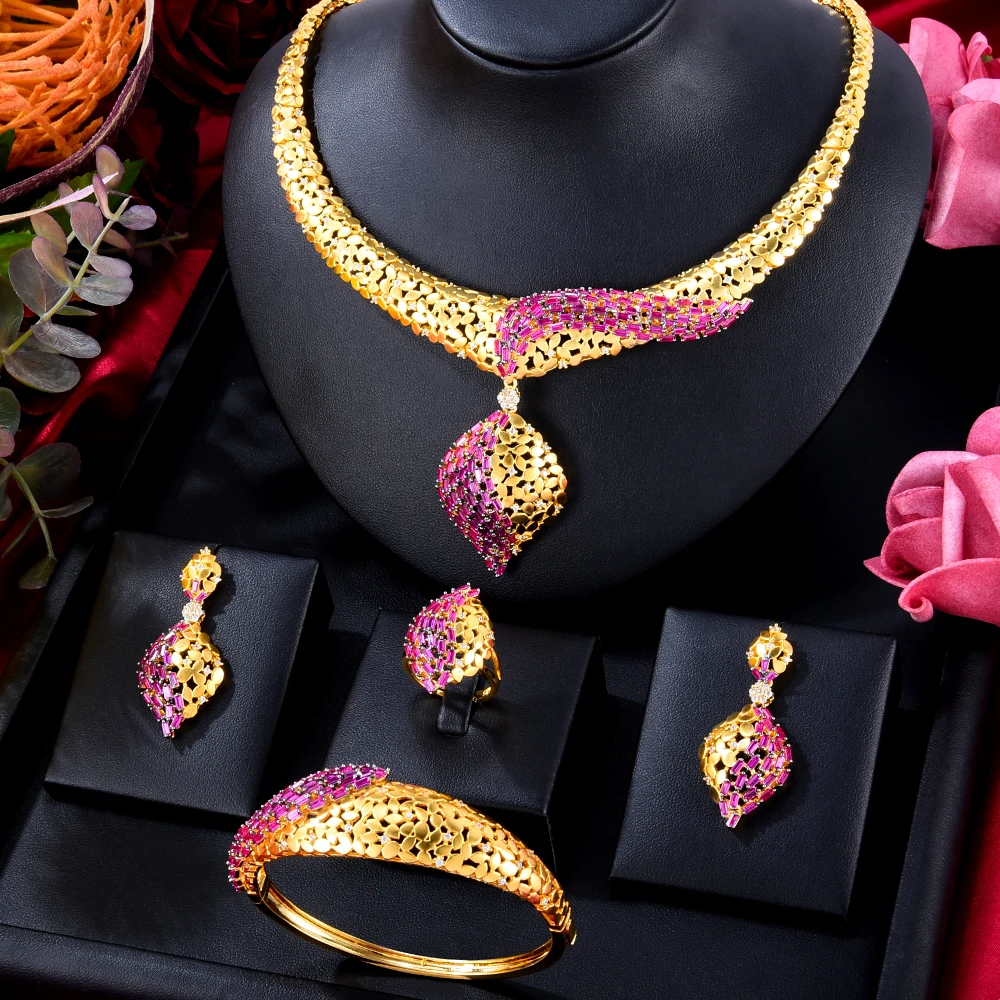 

SisCathyy 4pcs/set new luxury Jewelery Set Party Wedding Jewellery Gold Color For Women Accessories necklace engagement collar