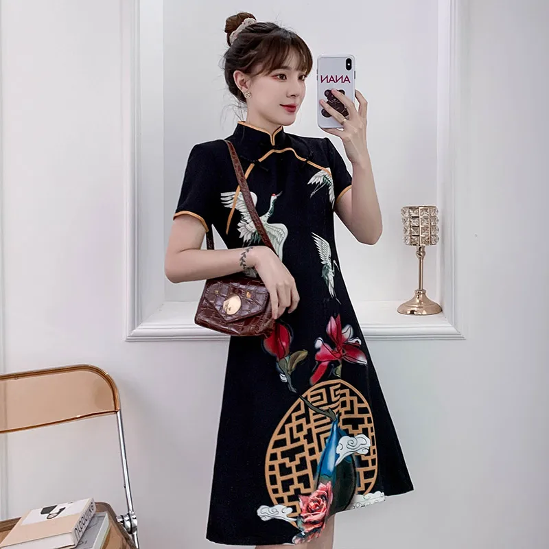 

2021 New Summer Plus Size 3XL 4XL Party Casual Loose Qipao Traditional Chinese Clothes Vintage Modern Cheongsam Dress for Women