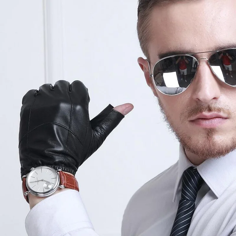 

Fashion men's leather half finger gloves high-end sheepskin thin section simple driving anti-skid sports fitness wear gloves G69