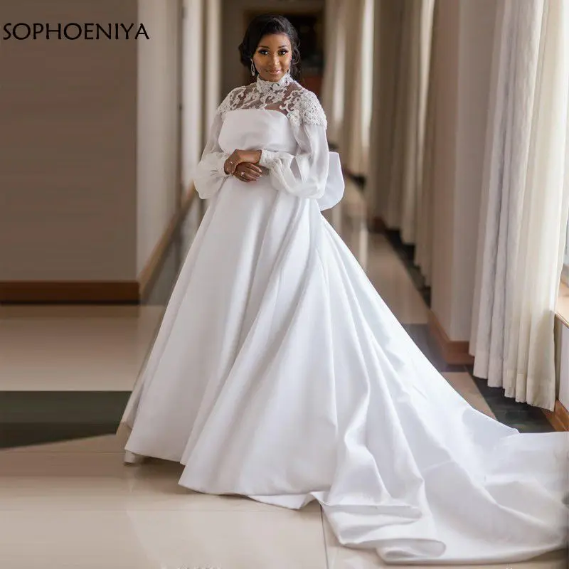 Свадебное платье из атласа в африканском стиле с высоким воротом и Расклешенным