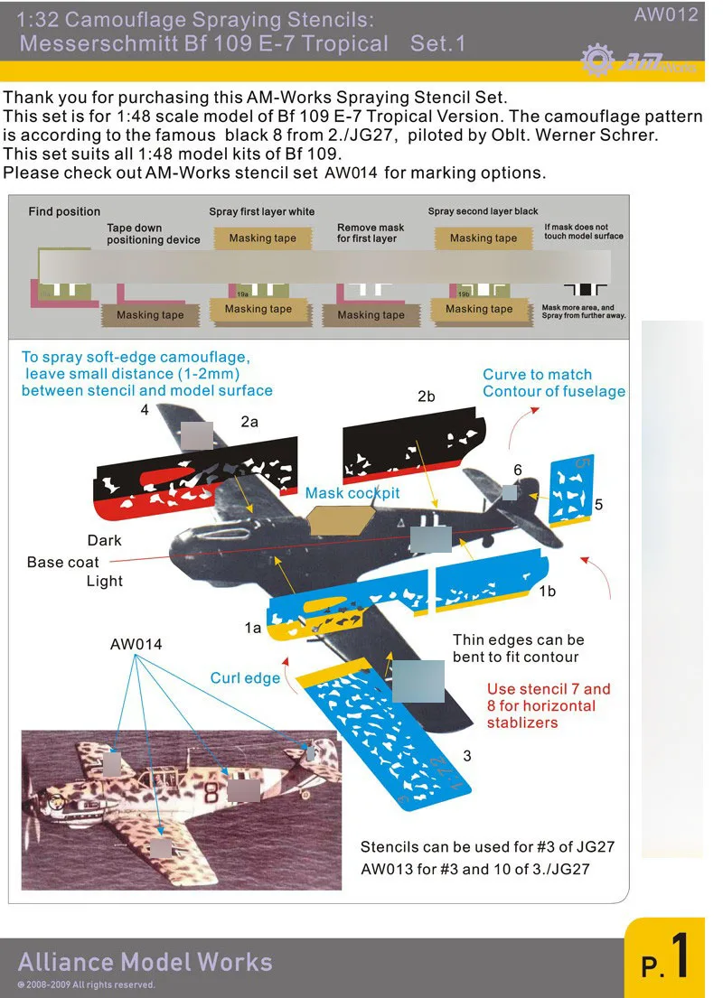 

1/32 Messerschmitt Bf 109 E-7 Tropical Camo Set.1 AW012 Model Kits Accessory