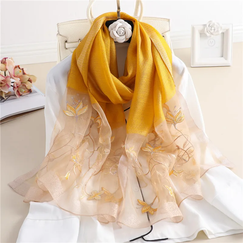 

Luxury Embroidery Silk Scarf All-Mach Ladies Elegant Shawl Sun Protection Pashmina Cover-Ups Gift 70*190CM