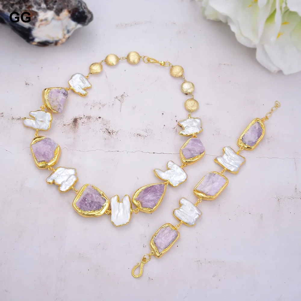 

GuaiGuai Jewelry Cultured White Keshi Pearl Pink Morganite Rough With Electroplated Edge Necklace Bracelet Sets For Women