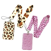 pink leopard pattern fashion lanyard id badge holder bus pass case cover slip bank credit card holder strap card holder