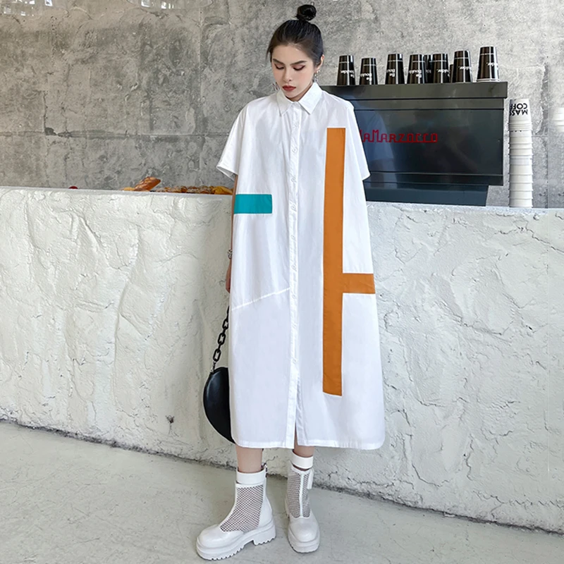 

[EAM] Women White Contrast Color Big Size Shirt Dress New Lapel Short Sleeve Loose Fit Fashion Tide Spring Autumn 2021 1DD9552