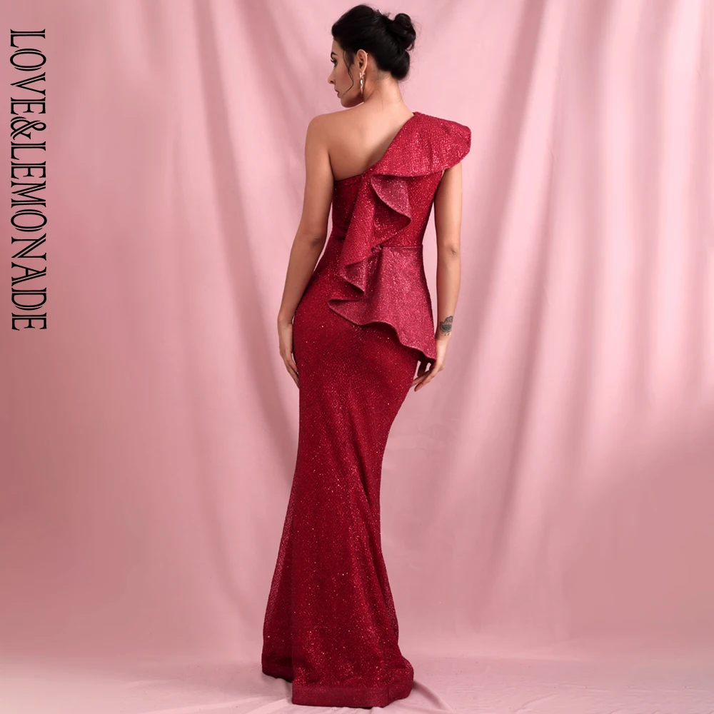 

LOVE&LEMONADE Sexy One Shoulder Ruffled Stitch Deep Red Glitter Material Bodycon Party Maxi Dress LM81886