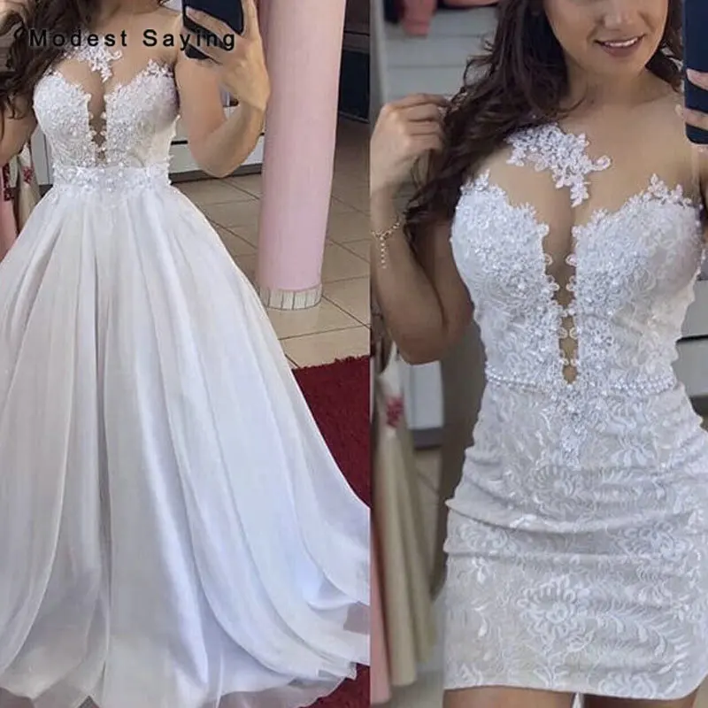 

Sexy Sheer Ivory Ball Gown Beaded Lace Wedding Dresses 2019 with Detachabe Train Formal Women Bridal Gowns vestidos de noiva