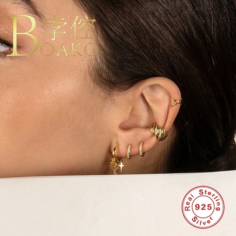 

BOAKO Star Moon Zircons Earrings For Women 925 Sterling Silver Piercing Jewelry Earrings Dangle Pendientes Earcuff #6.1