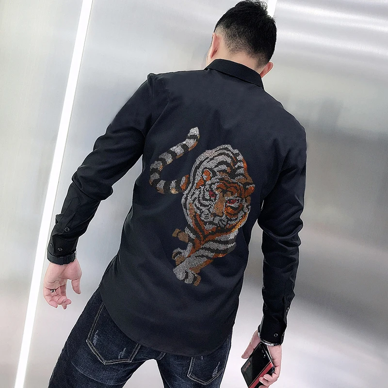 

Summer Men's T-Shirt Tiger Style Rhinestone Cotton Long-Sleeved Exquisite Formal Breathable Personality Tops