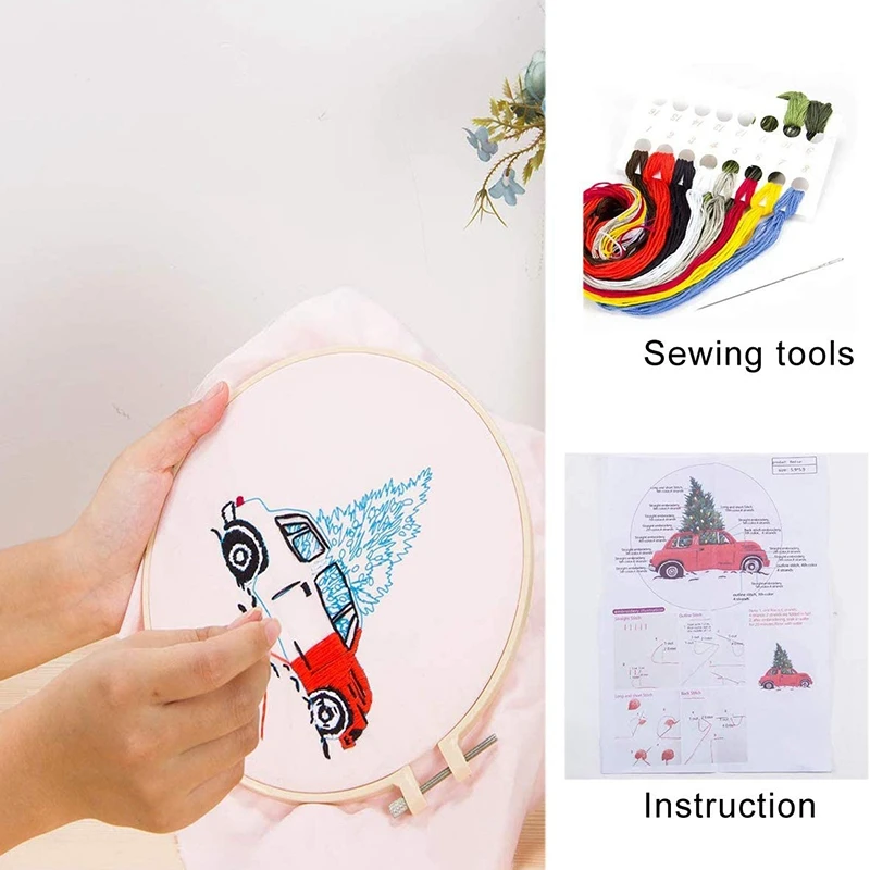 

2 Sets Christmas Embroidery Cross Stitch Starter Kit with 2Pcs Christmas Pattern Embroidery Cloth Bamboo Embroidery Hoop