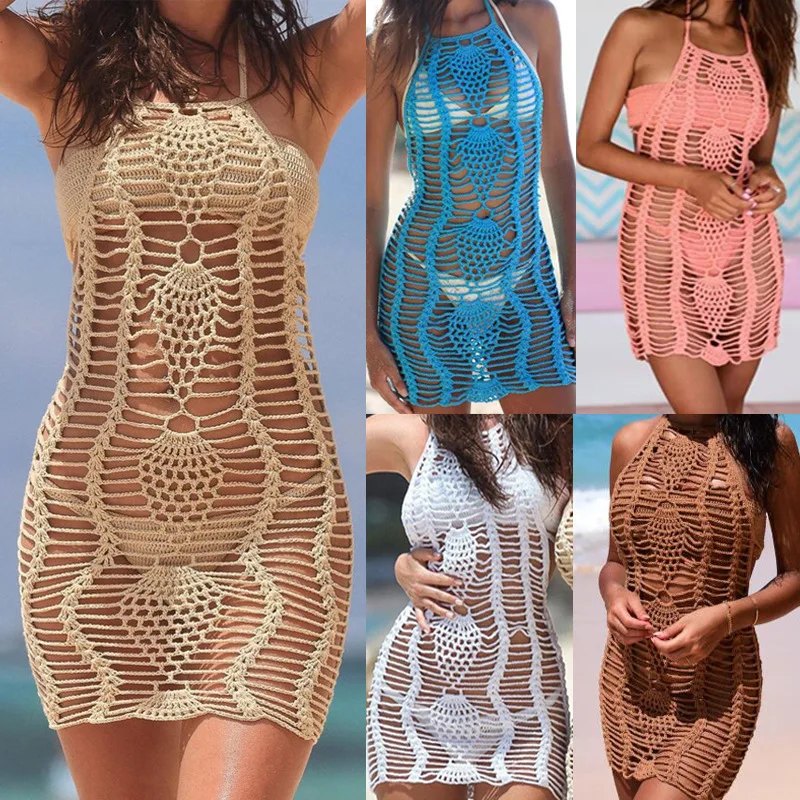 Летний женский вязаный пляжный купальный костюм купальник Пляжное Платье туника