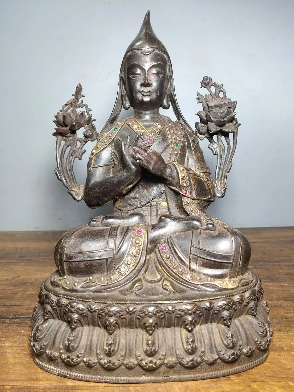 

12"Tibet Buddhism Temple Old Bronze Gem Cinnabars Tantric Buddha Statue Tsongkhapa Tibetan Buddha Enshrine the Buddha