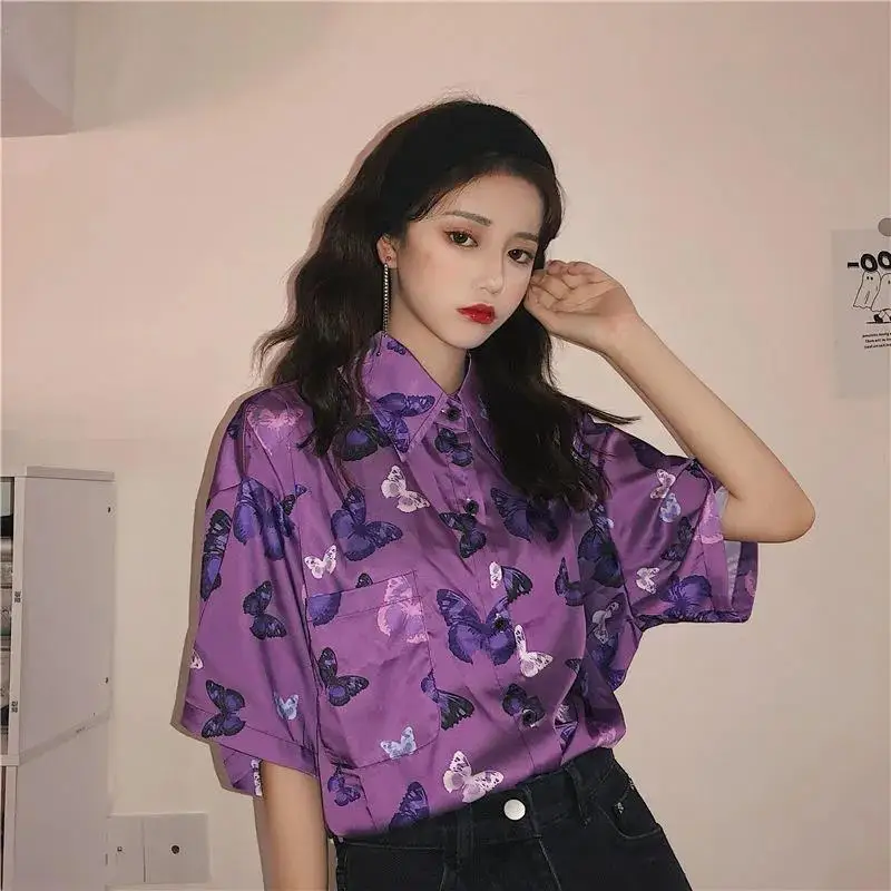 

Shirts Women Summer Korean Butterfly Print Short-Sleeve Casual Loose Single Breasted All-match Streetwear Vintage Oversize Tops
