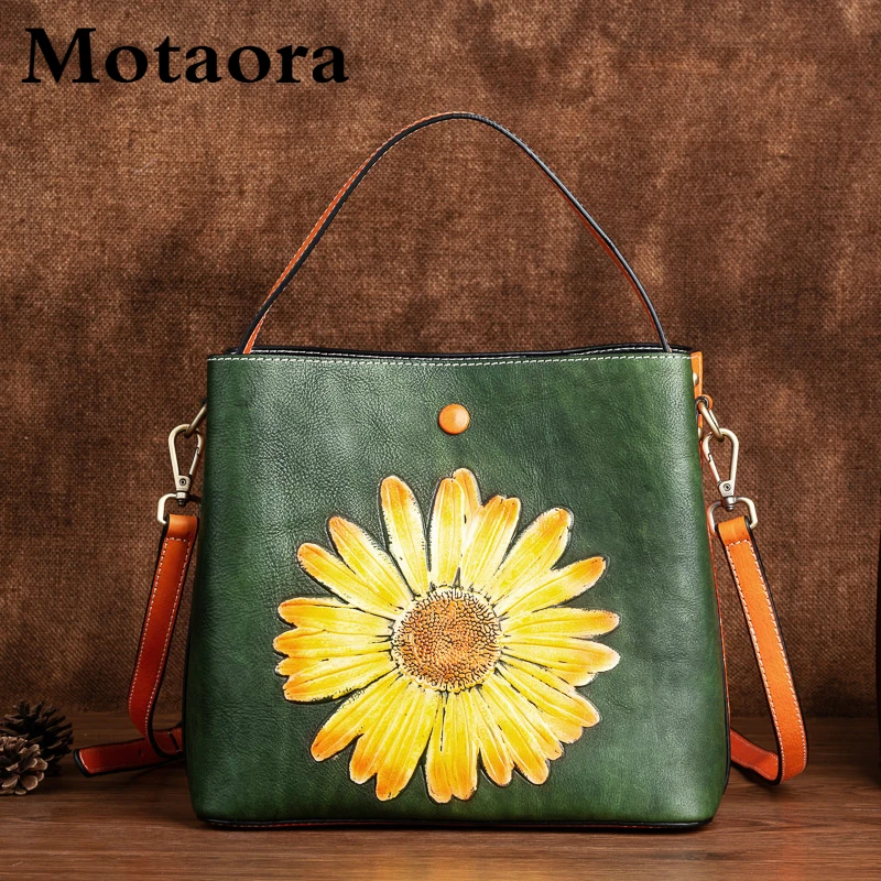 

MOTAORA Retro Handmade Women Shoulder Bag Genuine Leather Bucket Bag For Ladies 2021 New Vintage Embossed Floral HandBag Female