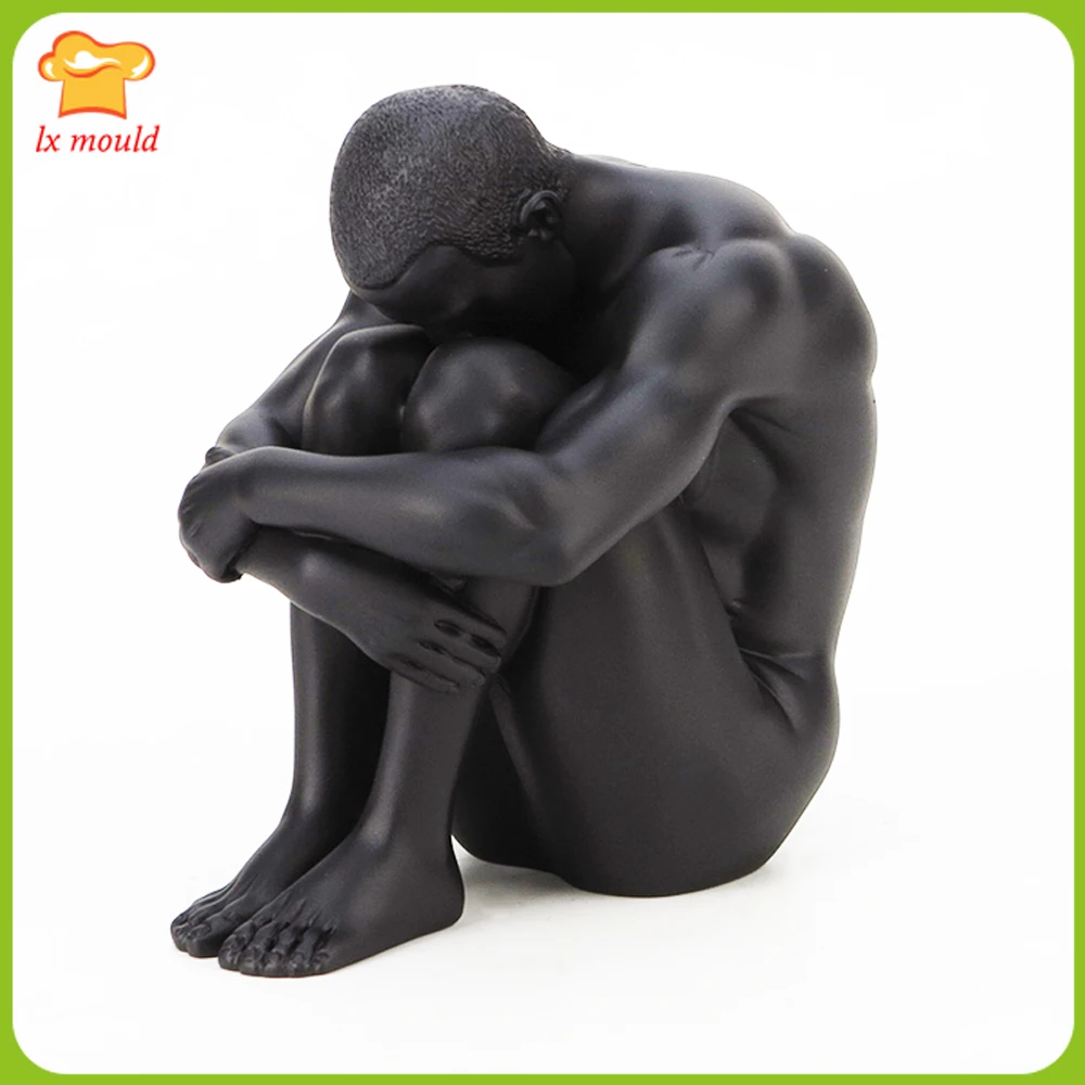 

Hot Sale Human Body Silicone Mold Art Male Sitting Posture Holding Legs Birthday Gift Home Decoration Candle Plaster Mould