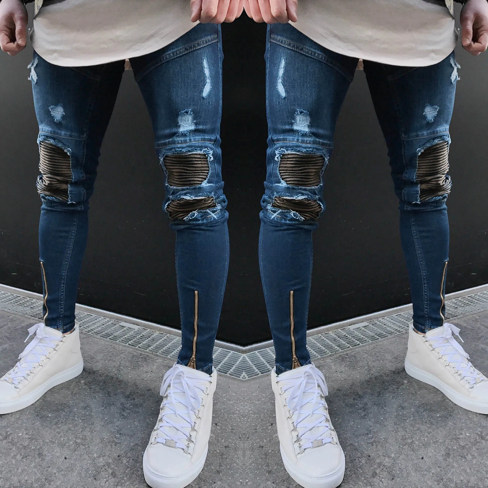 

3 Styles Men Stretchy Ripped Skinny Biker Embroidery Print Jeans Destroyed Hole Taped Slim Fit Denim Scratched High Quality Jean