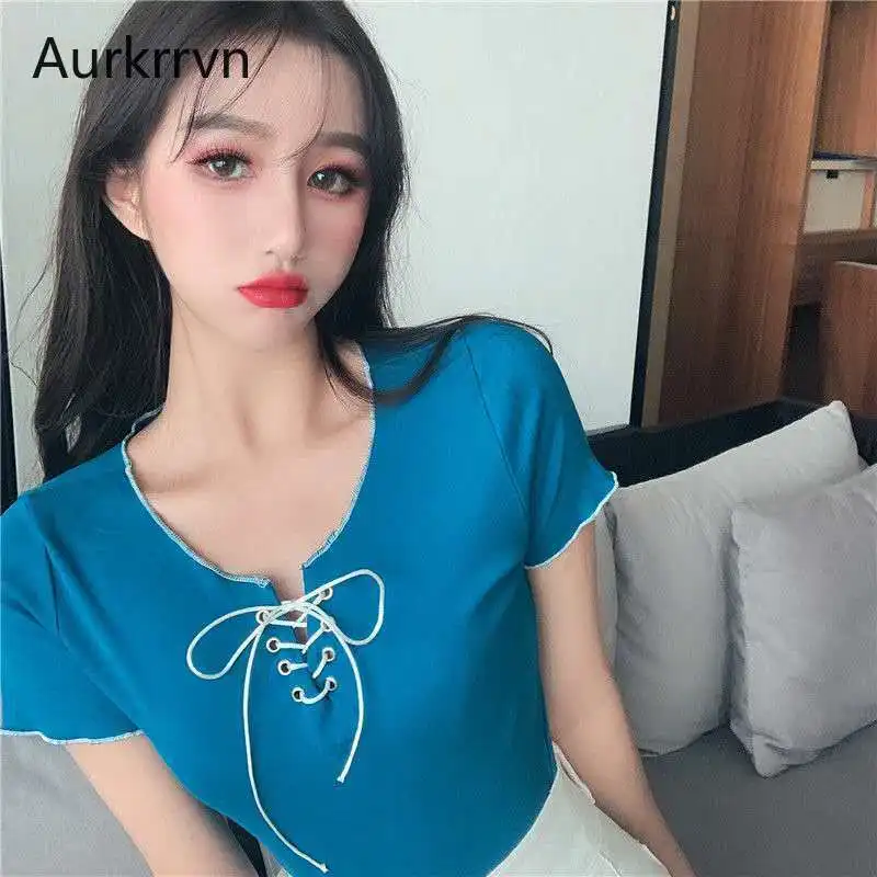 

Aurkrrvn Women's Summer Tee Tops White Cross Drawstring Short Sleeve Crop Tshirts for Femme Lady Knitting Crop T Shirt Female