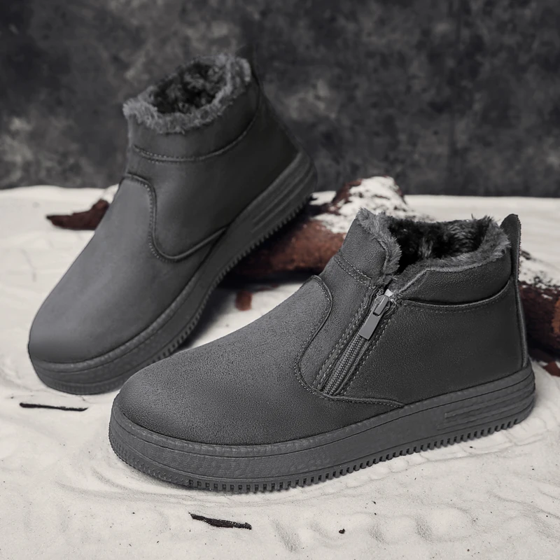 

Men Fashion Suede Ankle Snow Boots Man Keep Warm Plus Velvet Winter Cotton Shoes Non-Slip Plush Male Side Zipper Casual Shoes