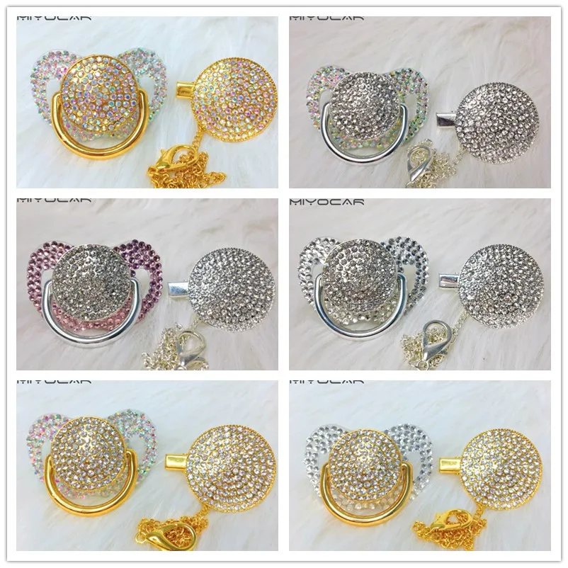 

MIYOCAR All pink Bling full Rhinestone pacifier and clip set pacifier chain holder gold pacifier lovely rhinestone AS-SP